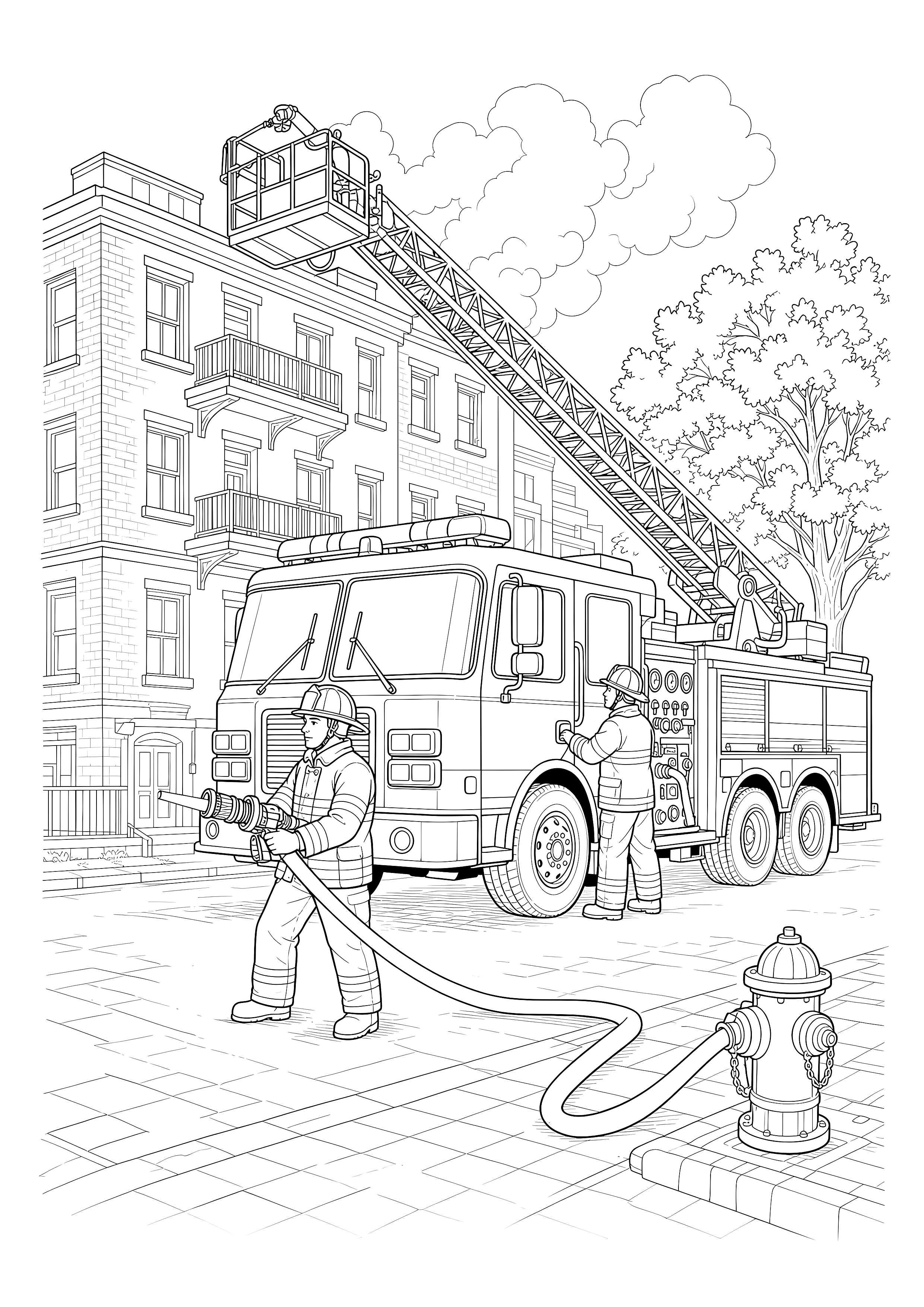 Drehleiter-Einsatz in der Stadt: Zwei Feuerwehrleute bedienen Schlauch und Steuerung, während die Drehleiter zu einem Stadthaus ausgefahren ist.
