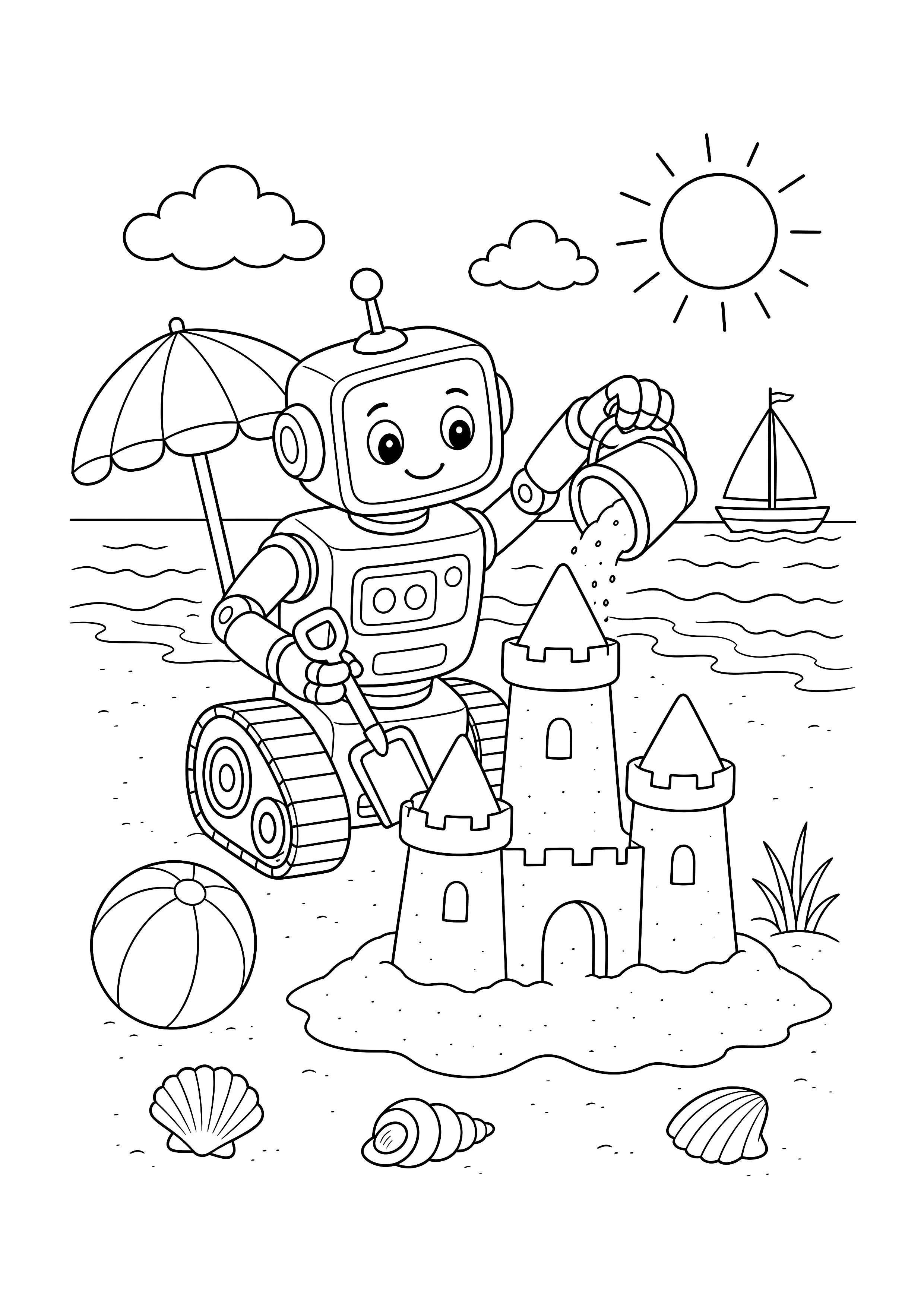 Strandroboter baut eine Sandburg: Ein fröhlicher Roboter formt mit Schaufel und Eimer eine Sandburg zwischen Ball, Muscheln und Sonnenschirm.